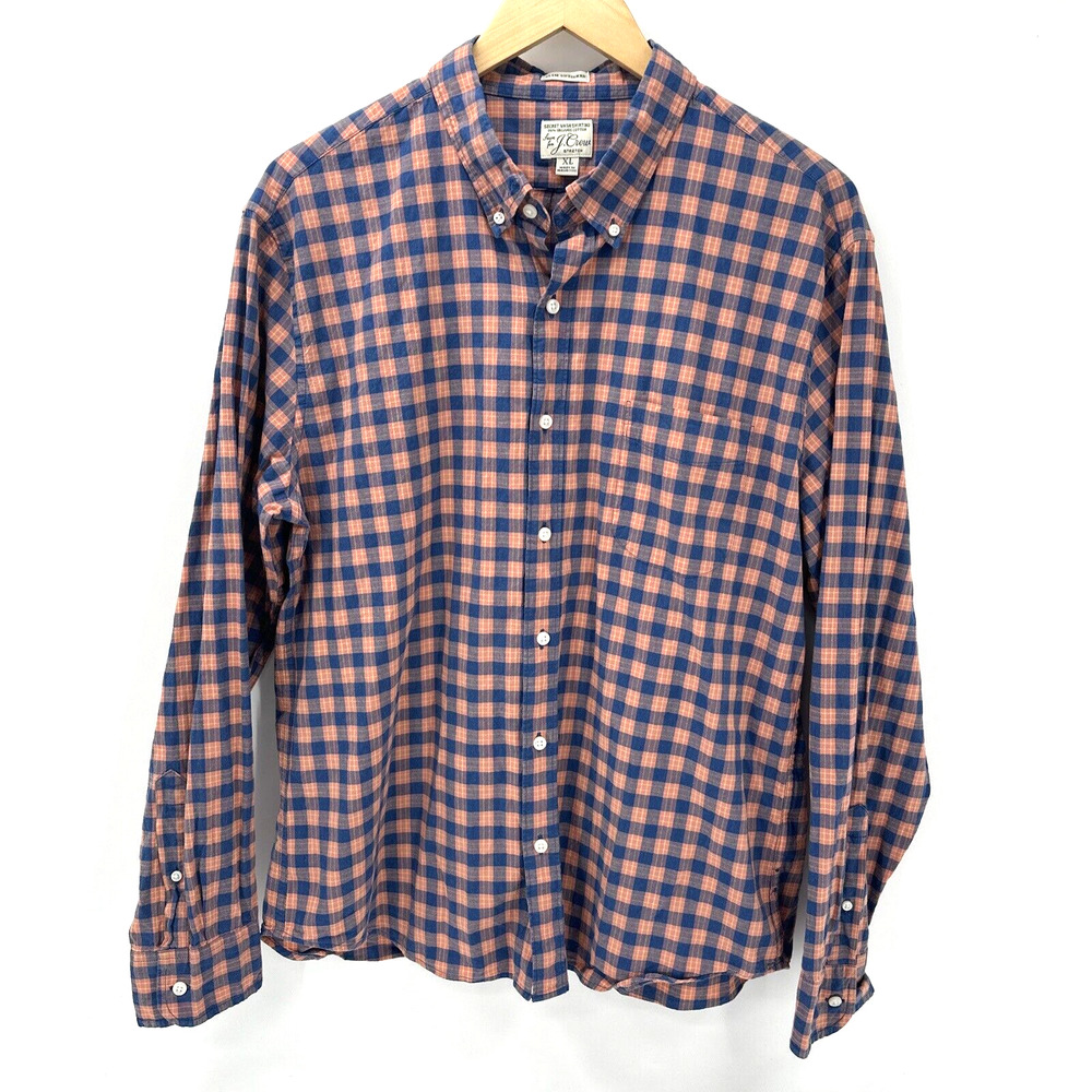 J Crew‎ Shirt Mens XL Slim Untucked Button Down Secret Wash Plaid Pink Blue
